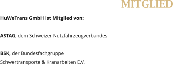 MITGLIED  HuWeTrans GmbH ist Mitglied von: ASTAG, dem Schweizer Nutzfahrzeugverbandes BSK, der Bundesfachgruppe  Schwertransporte & Kranarbeiten E.V.